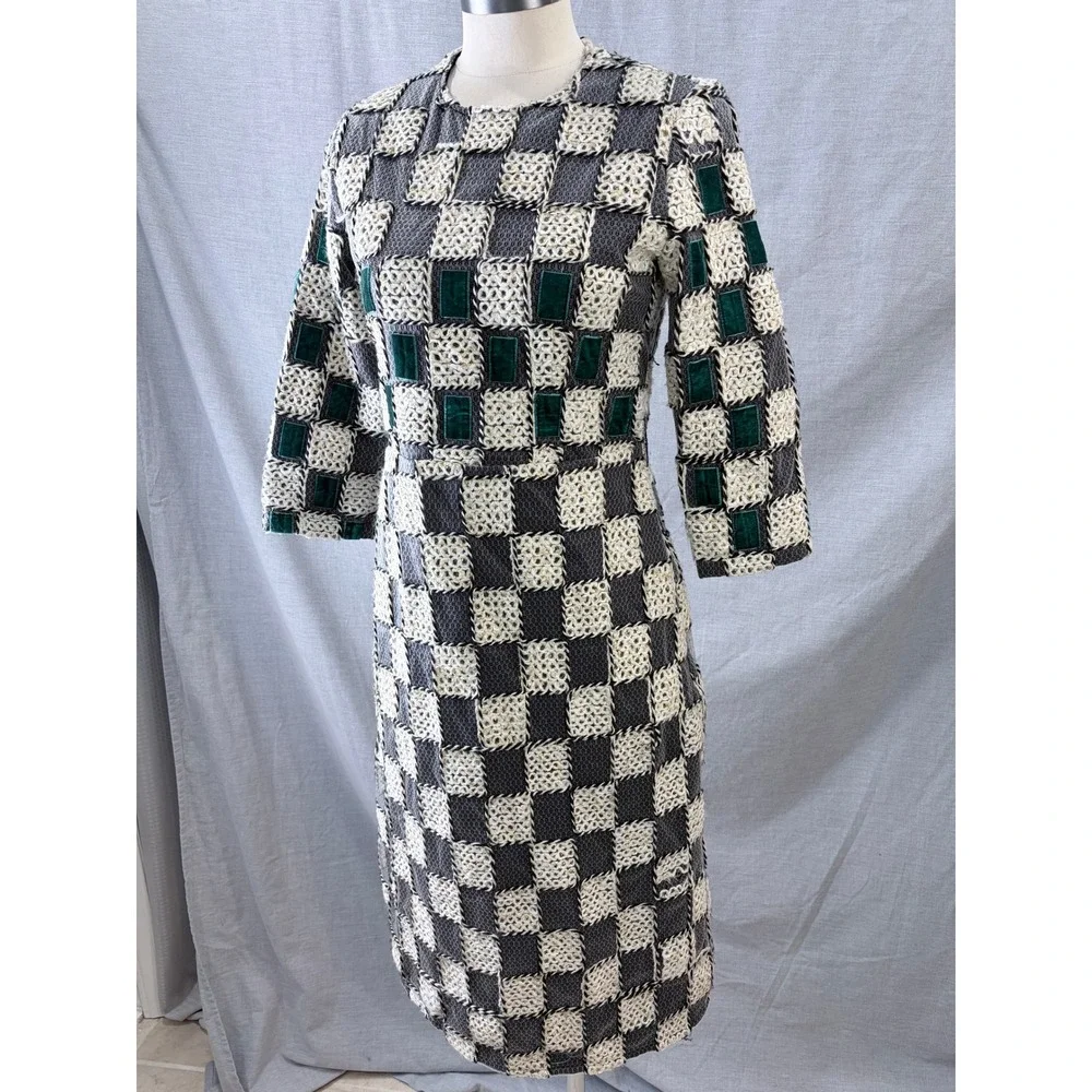 Sara Navon‎ Womens Grey Cream Checkered Velvet Accent Sheath Midi Dress Small